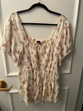 torrid Cream Floral Smocked Puff-Sleeve Babydoll Shirt